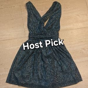 Lulu's Cocktail Metallic Teal/Blue Low Cut Twist Back Dress